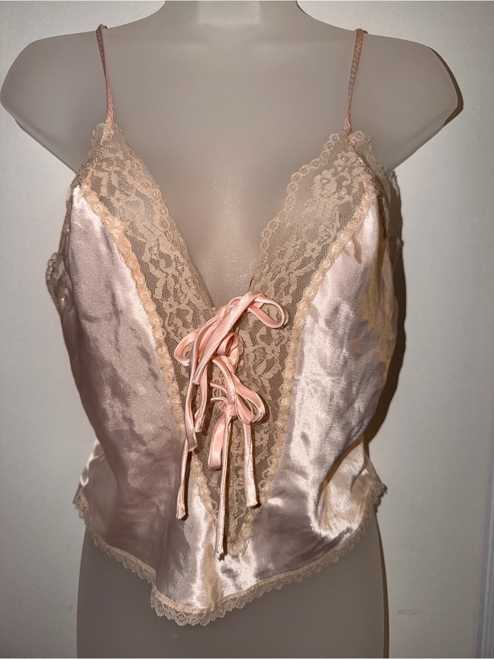 Vintage Sedú Lace Trim Champagne  Camisole with Front Coquette Tie